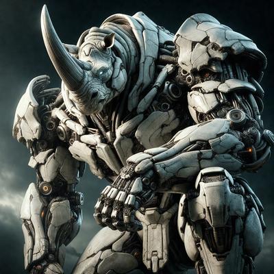 Primary subject: A robot with a rhinoceros head.

Setting/background: The robot is standing in front of a cloudy sky.

Visual style: The image is a digital art or illustration.

Colors and mood: The robot has a white and grey color scheme, giving it a futuristic and mechanical appearance. The cloudy sky adds a sense of atmosphere and depth to the scene.